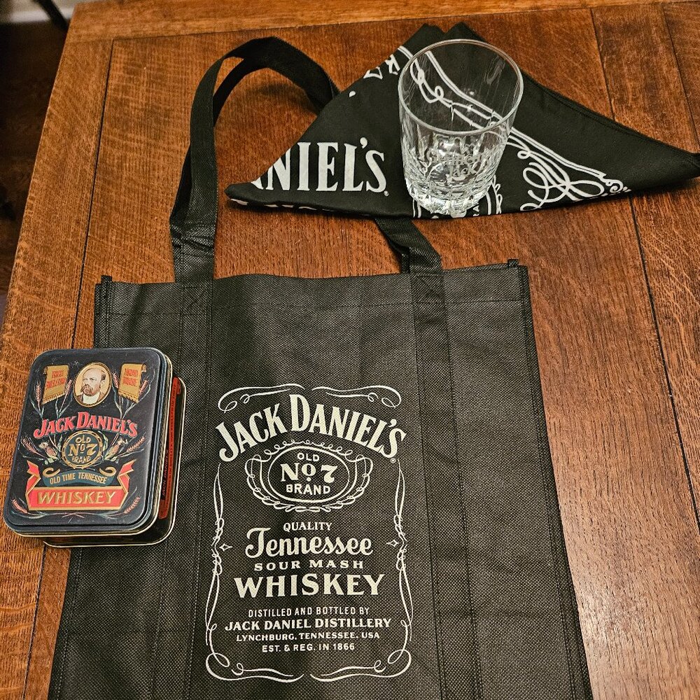 Jack Daniels Lowball Glass, Totebag, Tin & Bandana 4 Piece Swag Set